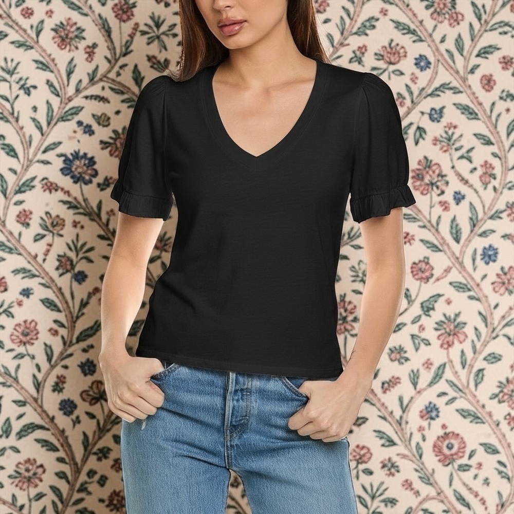 Nation LTD Women's Sedona Ribbed Scoop Neck Contrast Short Sleeve Black Top XS